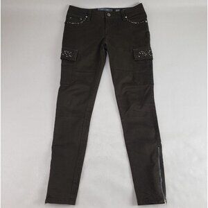 Miss Me Rhinestone Cargo Pant Womens 26 Brown Y2K Skinny Jeweled Ankle Zippers